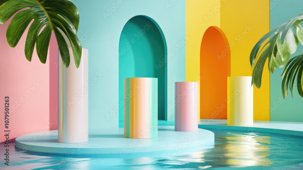 Aufkleber 3D rendering of geometric shapes featuring a product stand with a colorful minimal modern design incorporating water and curves