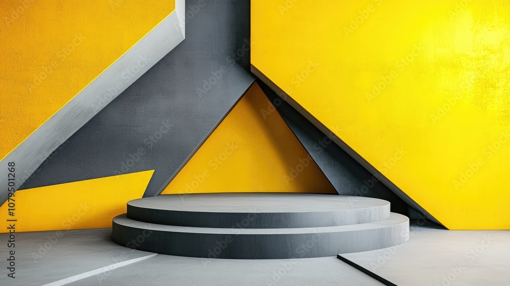 Poster 3d rendering of an abstract geometric composition in yellow and gray featuring a podium minimalist s