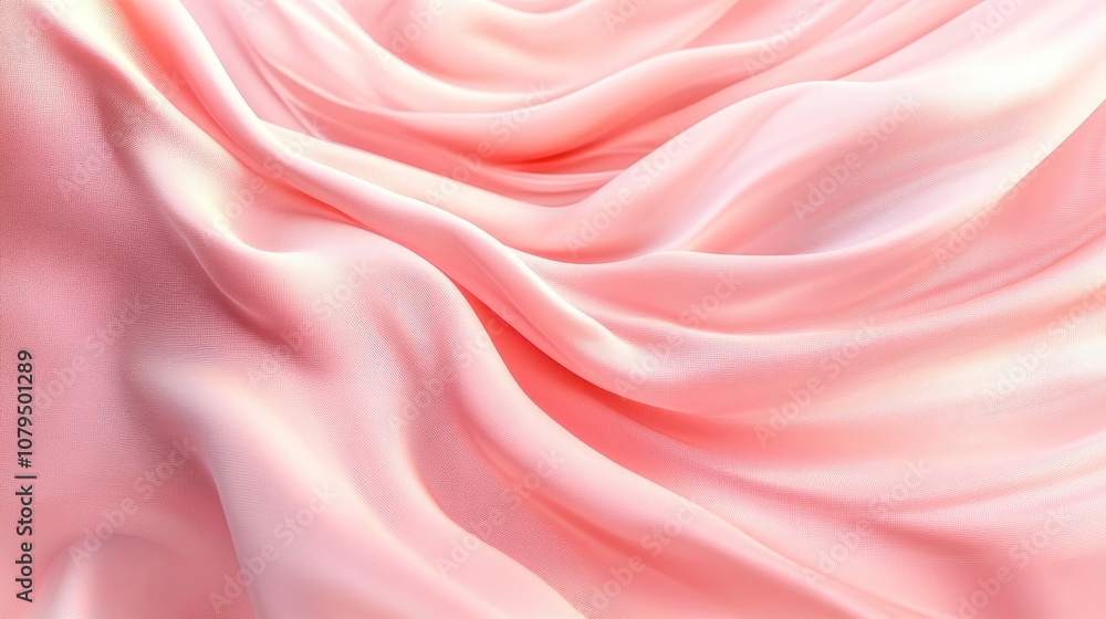 Poster 3D render of an abstract background featuring flowing pink silk drapery creating a wavy fashionable wallpaper effect with softly falling fabric