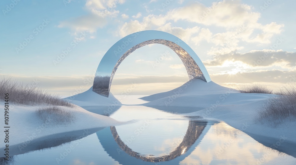 Poster surreal dreamlike landscape featuring abstract dunes set in a winter scene complemented by a geometr