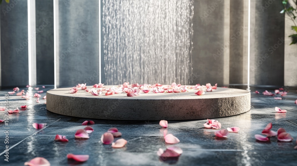 Aufkleber 3d rendering of a stone podium with petals cascading down onto a water surface