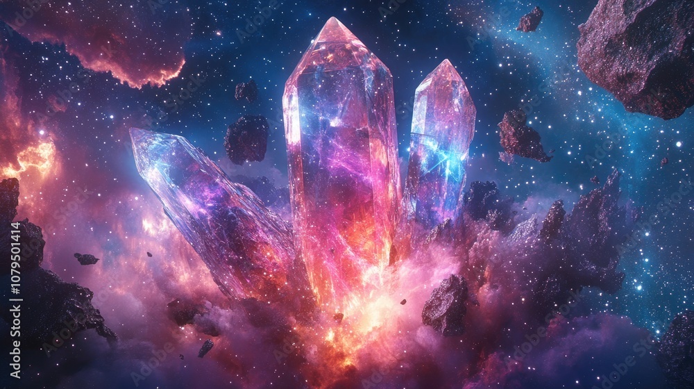 Poster cosmic elements within a crystal set against a backdrop of open space