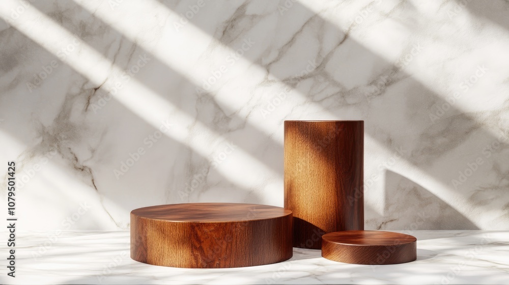 Poster luxury brown wood box block cylinder podium and cube casting shadows on a white marble background co
