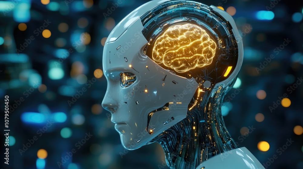 Poster humanoid robot head utilizing artificial intelligence with a neural network set against a digital br