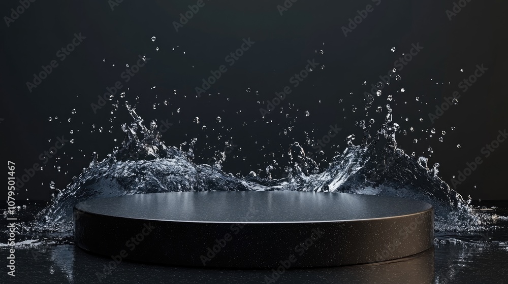 Poster black podium over splashing water with a dark background 3d rendering