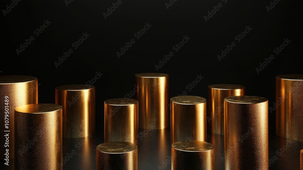 Poster minimalist abstract composition featuring golden cylindrical podiums against a black backdrop 3d ren