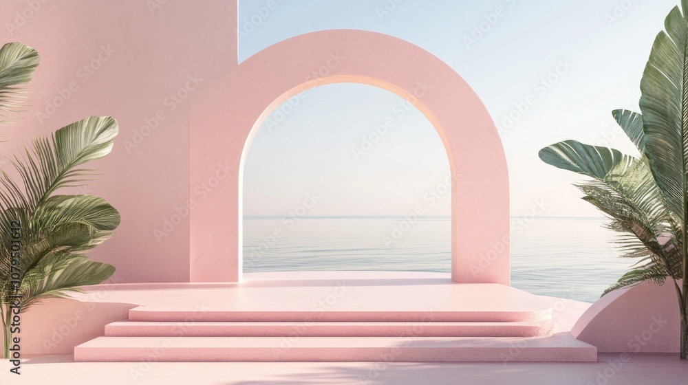Poster Scene featuring geometric shapes an arch with a platform in natural daylight minimalistic landscape and a sea view 3D rendered background in a summery setting