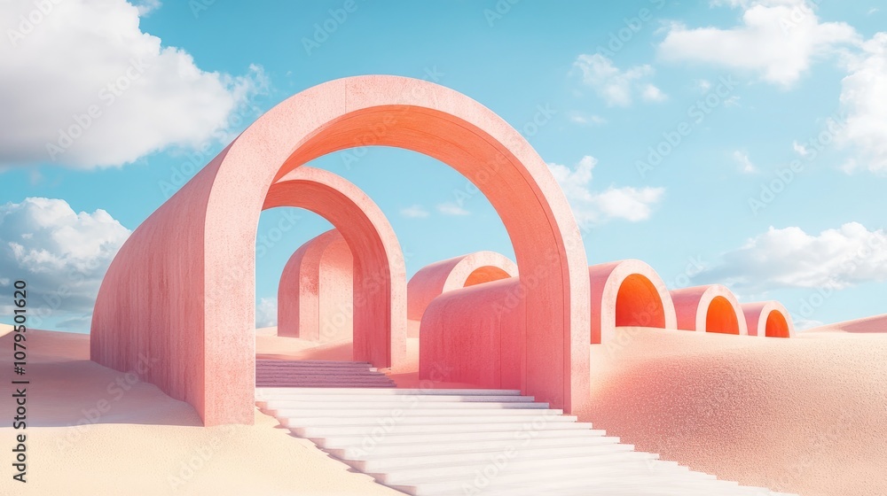 Leinwandbilder 3d rendered abstract surreal pastel landscape featuring modern architecture and geometric arches vib