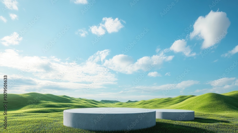 Poster 3D render of an abstract panoramic background featuring a minimalist landscape with green hills and vacant concrete pedestals beneath a blue sky Contemporary minimal display setting