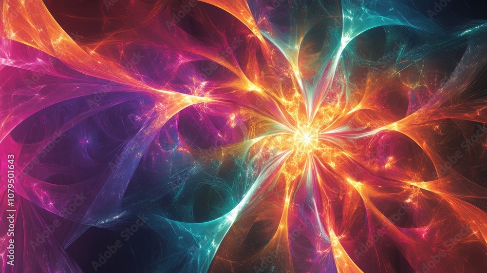 Poster abstract multicolored backdrop featuring a fractal star explosion with shine and intricate lines