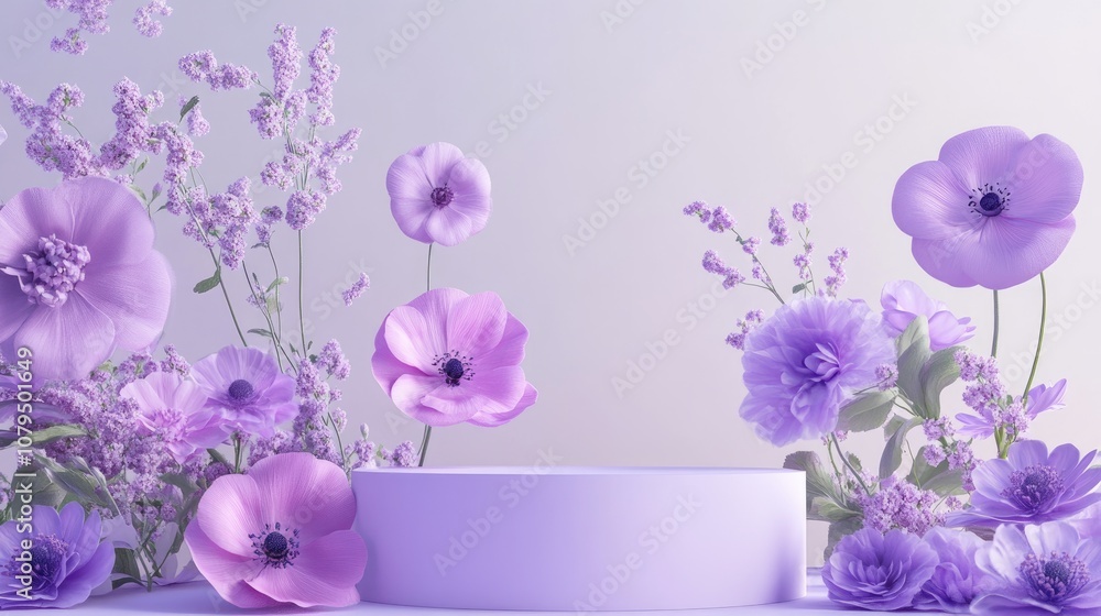 Poster 3d rendering of a purple flower background featuring a geometric podium for product presentation min