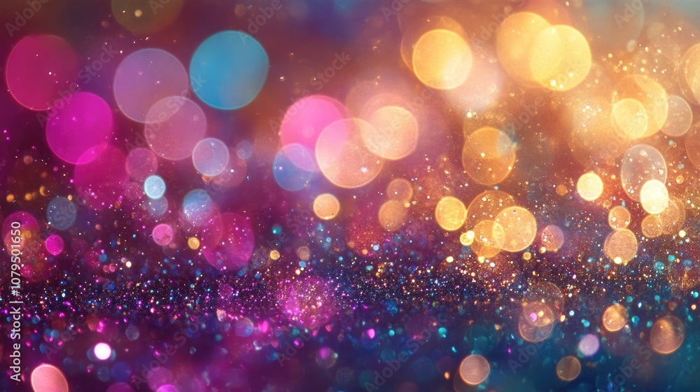 Poster multicolored bokeh circles create a glamorous abstract background filled with shimmering particles