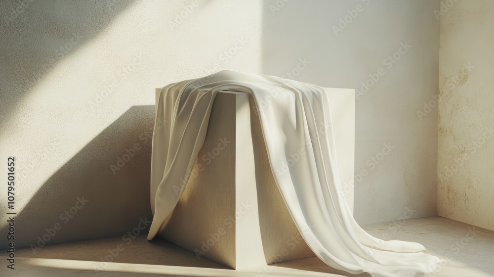 Aufkleber box draped with fabric 3d rendering minimalist concept
