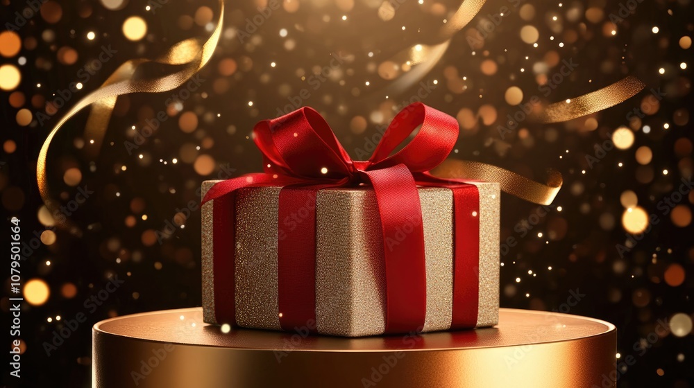 Poster Gift box with a red ribbon and gold floating ribbon on a round podium with a craft style background for a promotional event