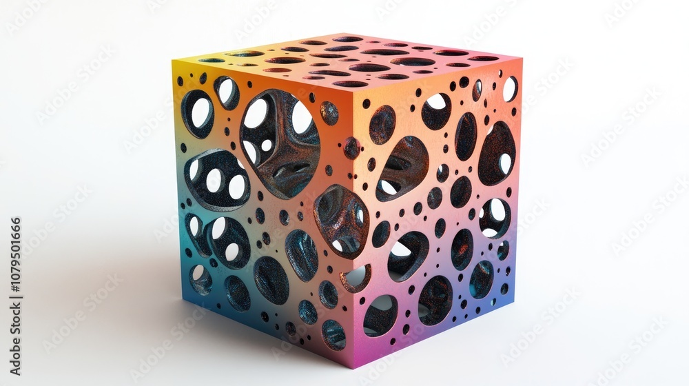 Poster abstract contemporary sculpture featuring a multicolored perforated cube rendered in 3d as a digital