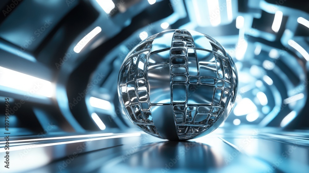Poster abstract 3d rendering of a metallic sphere featuring a smooth lattice design set against a sci fi ba