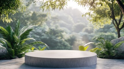 3D rendering illustration of a blank podium display for product mockup with a natural backdrop