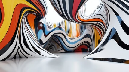 Abstract architectural interior featuring a colorful smooth sculpture with black lines 3D illustration and rendering