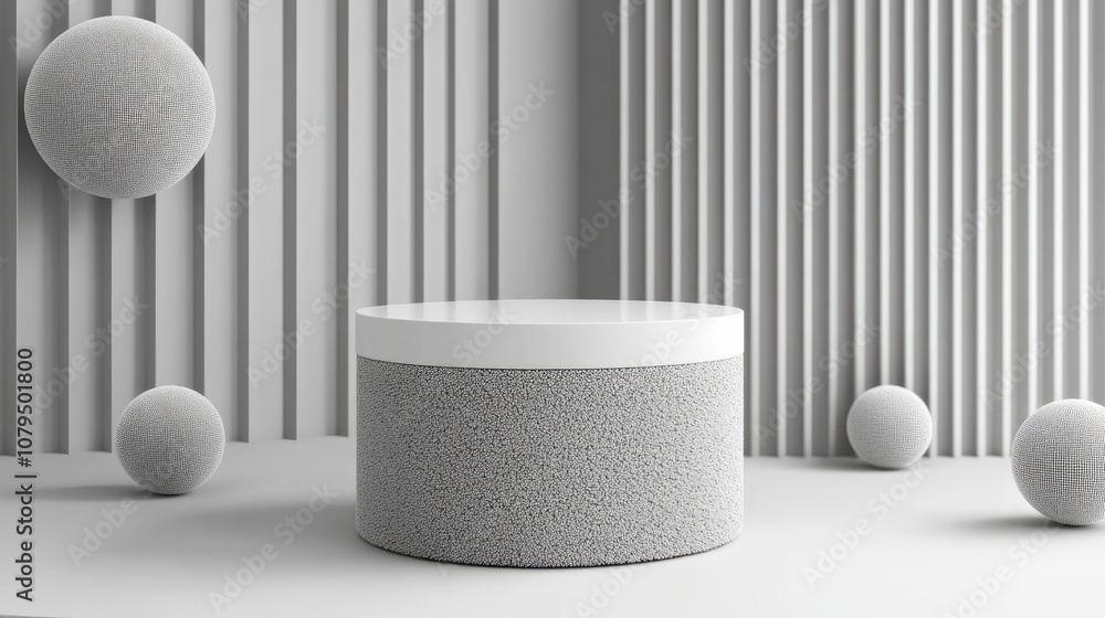 Poster Abstract 3D space featuring a realistic grey and white cylindrical pedestal with spherical elements in the background Minimalistic design for showcasing product mockups Clean geometric shapes crea