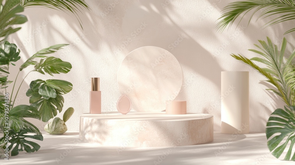 Poster abstract cosmetic product display featuring an empty podium 3d render showcasing a mockup ideal for 
