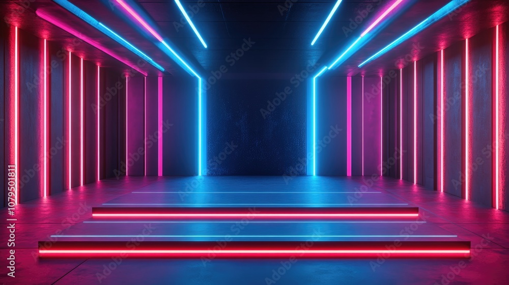Poster modern exhibition stage background featuring neon lights and a laser display showcasing a 3d illustr