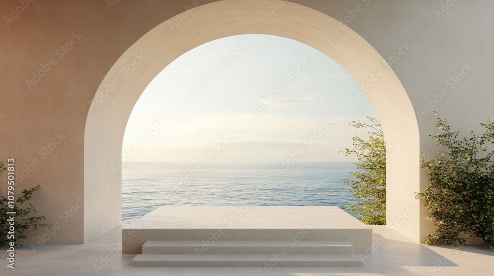 Poster Geometric composition featuring an arch and podium in natural daylight with a minimal landscape and sea view in a 3D rendered background
