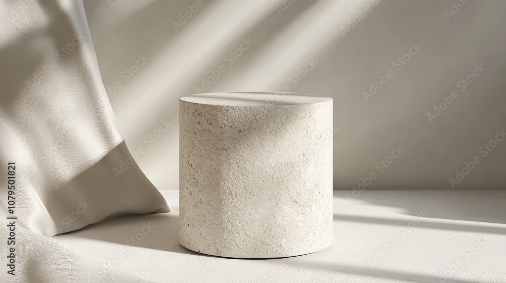 Fototapete cylinder shaped product display pedestal with a stone texture on a white background featuring minima