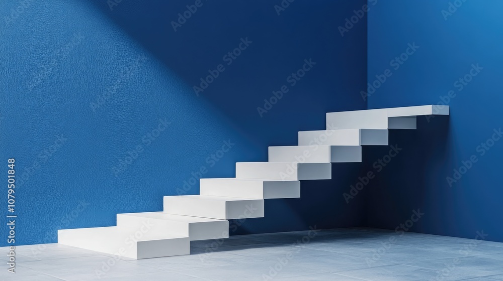 Poster staircase and platform against a blue backdrop mockup for text placement 3d visualization