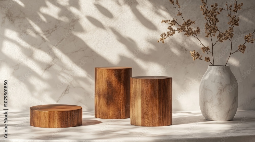 Aufkleber luxury brown wood box block cylinder podium and cube casting shadows on a white marble background co