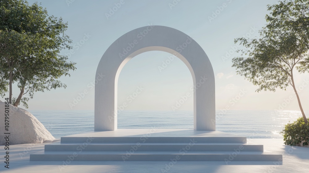 Poster Geometric composition featuring an arch and podium in natural daylight with a minimal landscape and sea view in a 3D rendered background