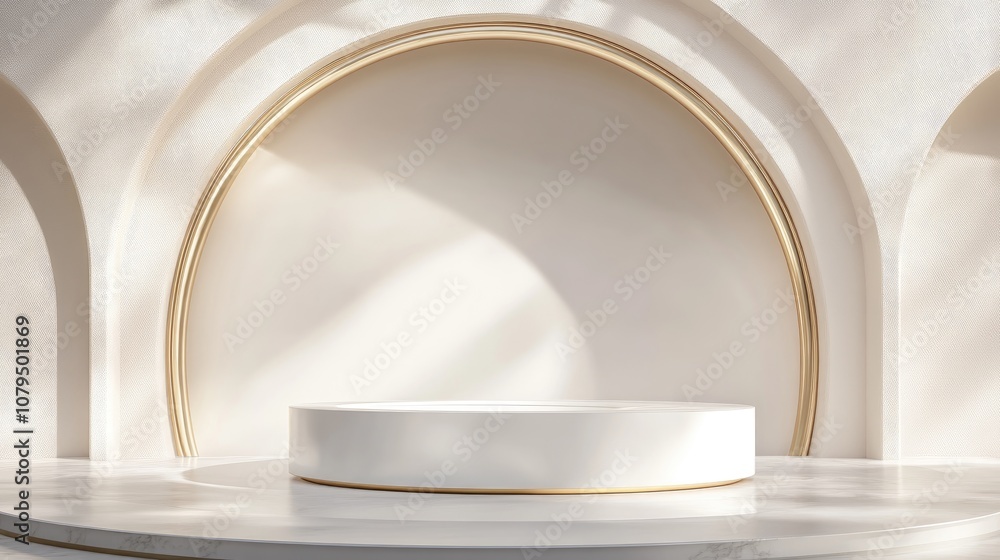 Aufkleber cosmetic product display featuring a cylindrical white podium with a circular arch matte glass backd