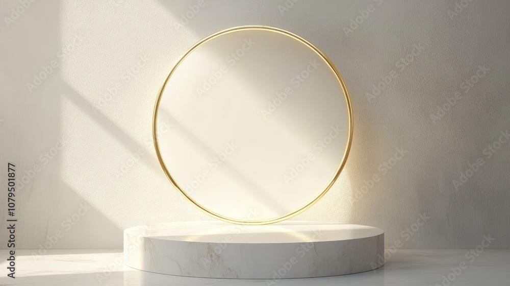 Poster 3d circular podium or pedestal featuring gold rings blank studio environment minimalistic product ba
