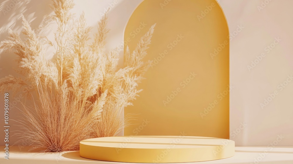 Aufkleber 3D yellow podium with a minimal studio background Abstract geometric shape object rendering for showcasing seasonal products