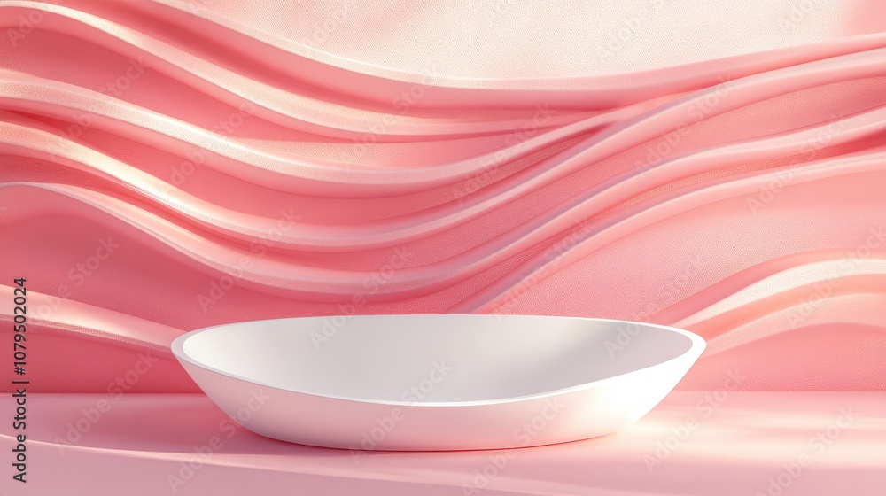Poster Abstract curved podium on a pink pastel background with wavy elements Adorable 3D render for showcasing products featuring a blank display in a minimalist design