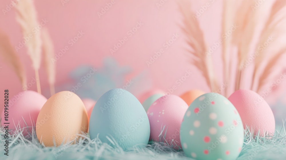 Poster soft pastel minimal easter design featuring colorful easter eggs and grass in the background providi