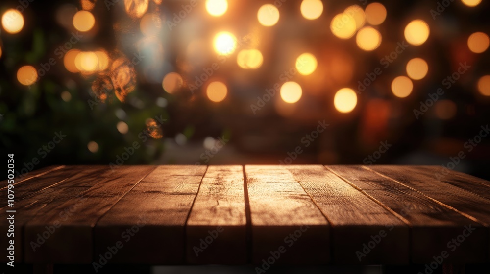 Poster empty wooden tabletop with a blurred golden bokeh background creating a warm cafe ambiance 3d render