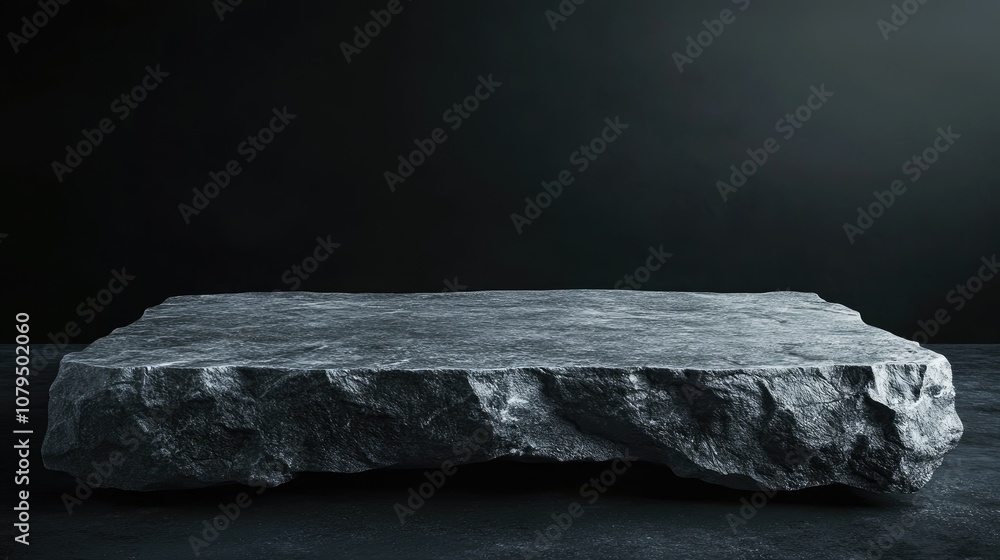Poster 3D rendering of a stone podium for showcasing products on a dark backdrop