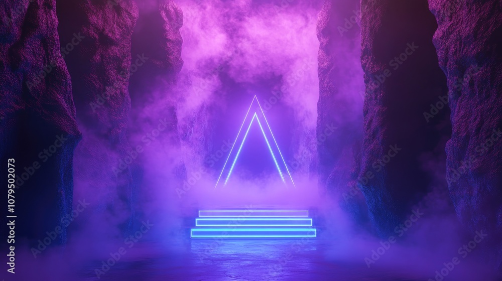Poster smoke fog and mist envelop a neon lit futuristic podium featuring glowing laser triangles in blue an