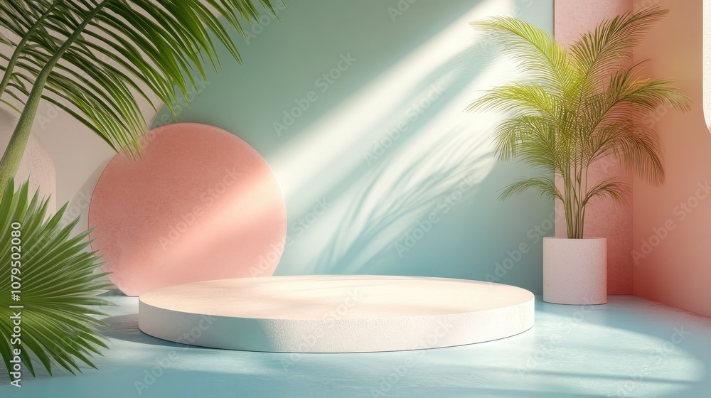 Leinwandbilder minimalistic abstract mock up scene featuring pastel colored geometric shapes and a podium backgroun
