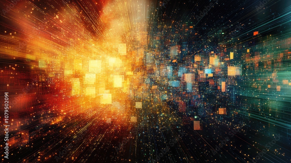 Poster Abstract binary background featuring vibrant radiance in digital space illuminated cloud of large data and structured layers of information
