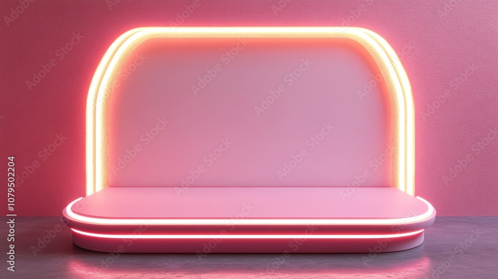 Poster 3D rendering of a contemporary mockup podium featuring neon lighting a futuristic pedestal and a blank platform designed for product display and advertising purposes