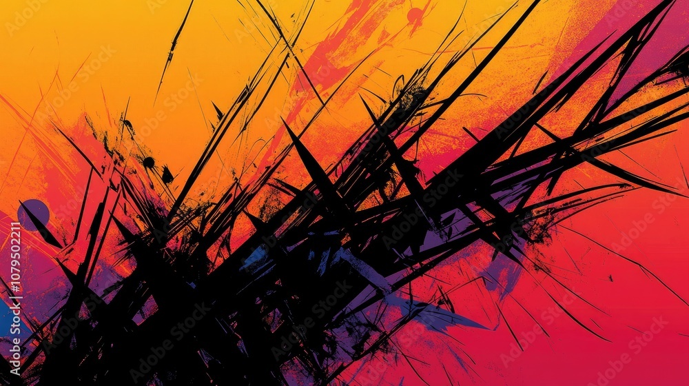 Poster abstract design featuring chaotic black lines and sharp multicolored patterns set against a gradient