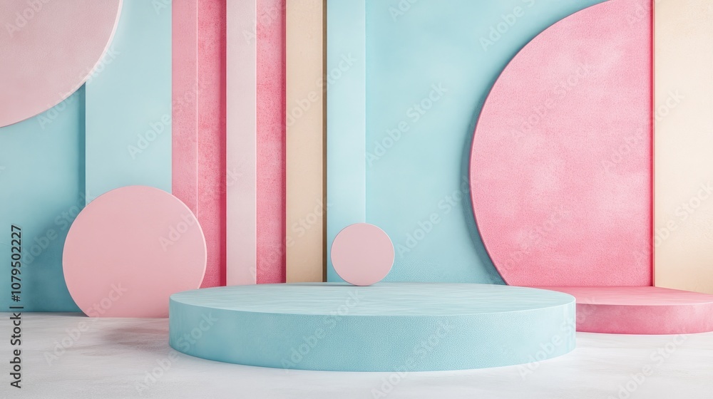 Poster pastel colored podium setup featuring geometric shapes in the background for product display 3d rend