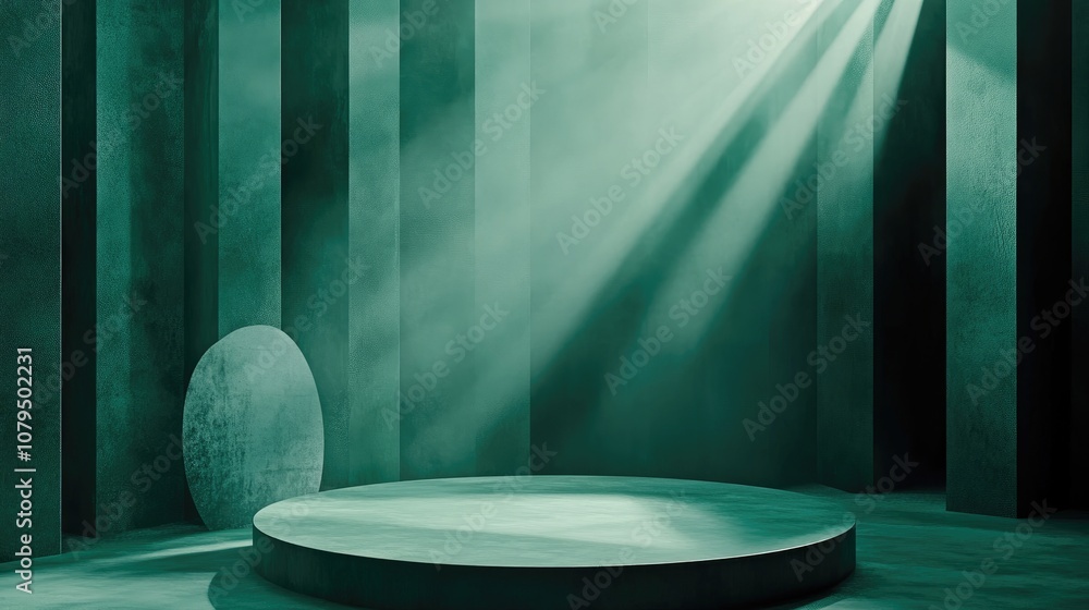 Leinwandbilder Minimalistic scene featuring a podium against an abstract backdrop Geometric shapes in green hues 3D rendering with geometrical forms a green backdrop and spherical lighting effects