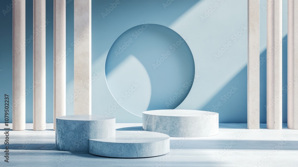 Poster minimalist abstract mockup of geometric podium with soft blue hues featuring a composition of shapes