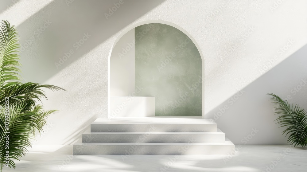 Poster 3d rendering of stairs and podium featuring geometric shapes a green arch and a stage designed for p