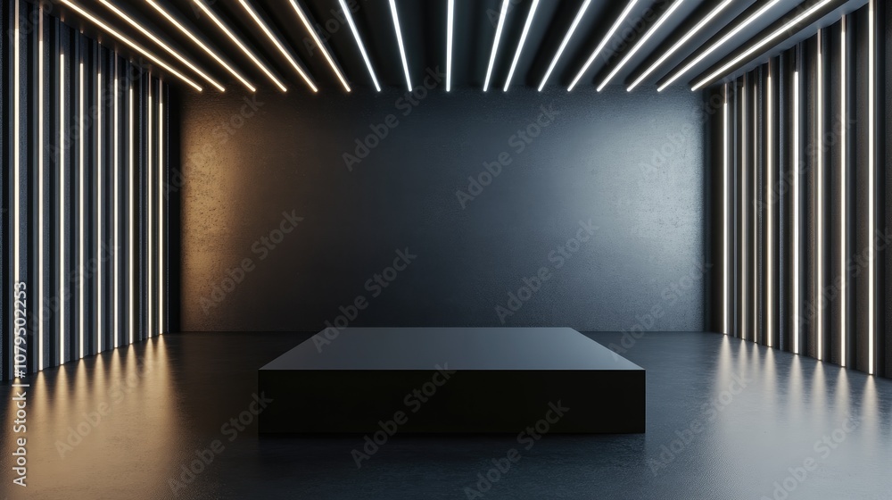 Aufkleber dark square pedestal for showcasing products surrounded by linear lights in a lifelike 3d abstract b