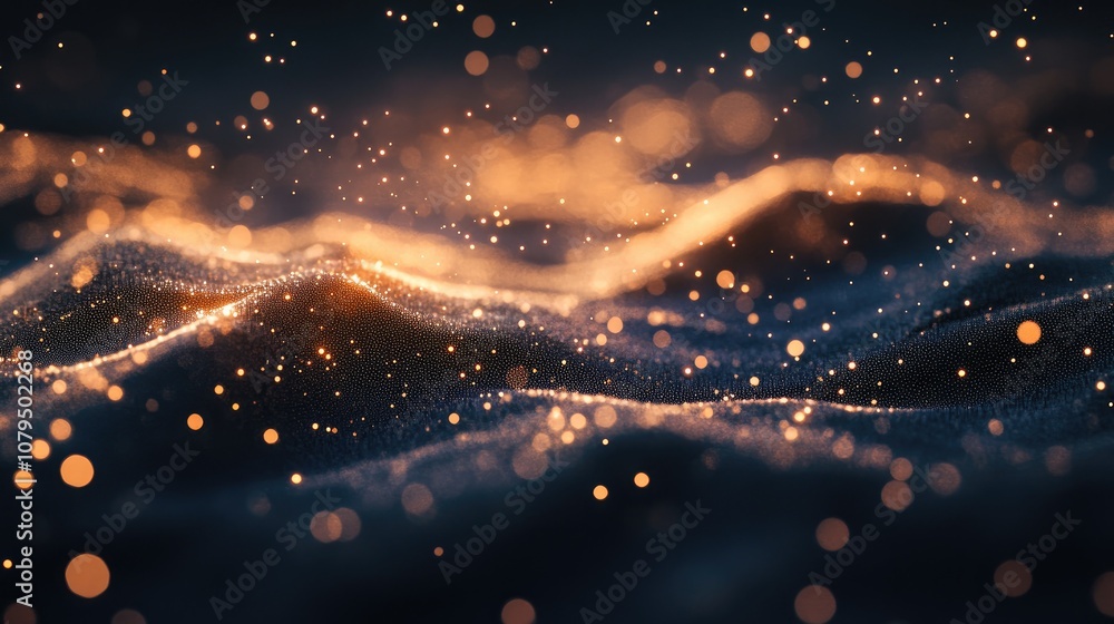 Poster abstract digital landscape featuring particles and plexus effects in a 3d design against a dark back