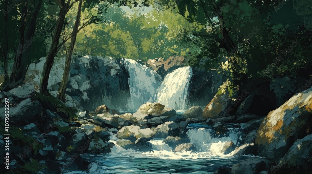 Aufkleber water flows through a forest cascading over rocks