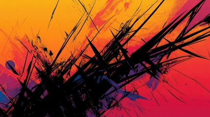 Abstract design featuring chaotic black lines and sharp multicolored patterns set against a gradient red orange backdrop